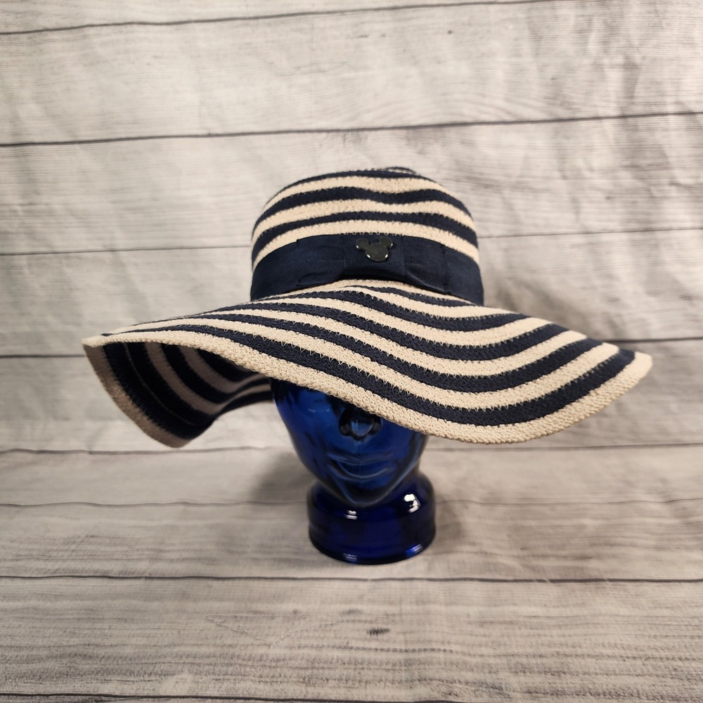 Disney Parks Womens Navy Blue Cream Striped Floppy Sun Hat Mickey Mouse Stud